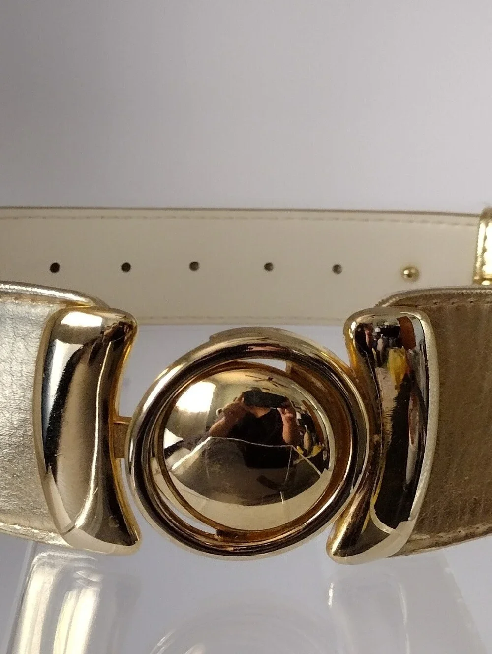80s Gold Metallic Vegan Leather Waist Belt with Metal Interlocking Buckle